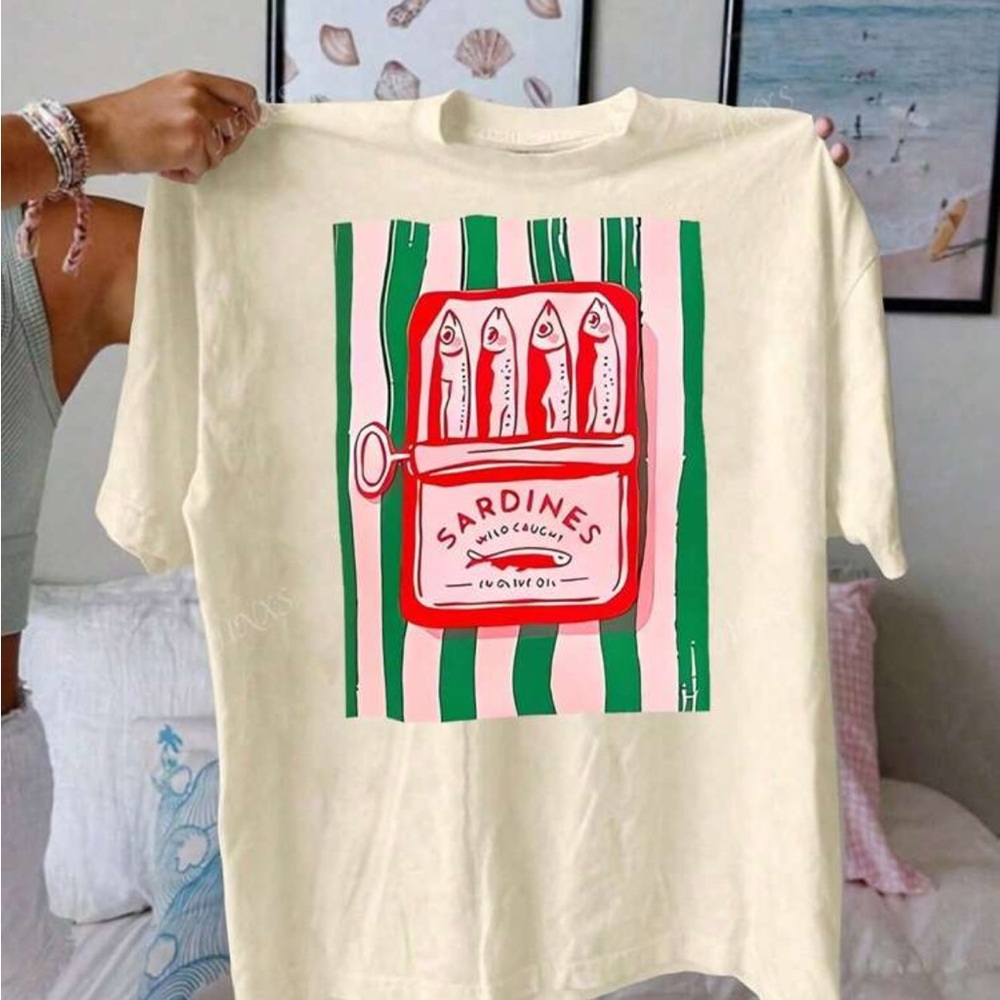 Cream Graphic T-Shirt with Sardines Print